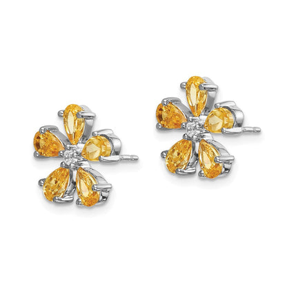 14K Weißgold Ohrringe mit echten Diamanten und Citrin-Blume