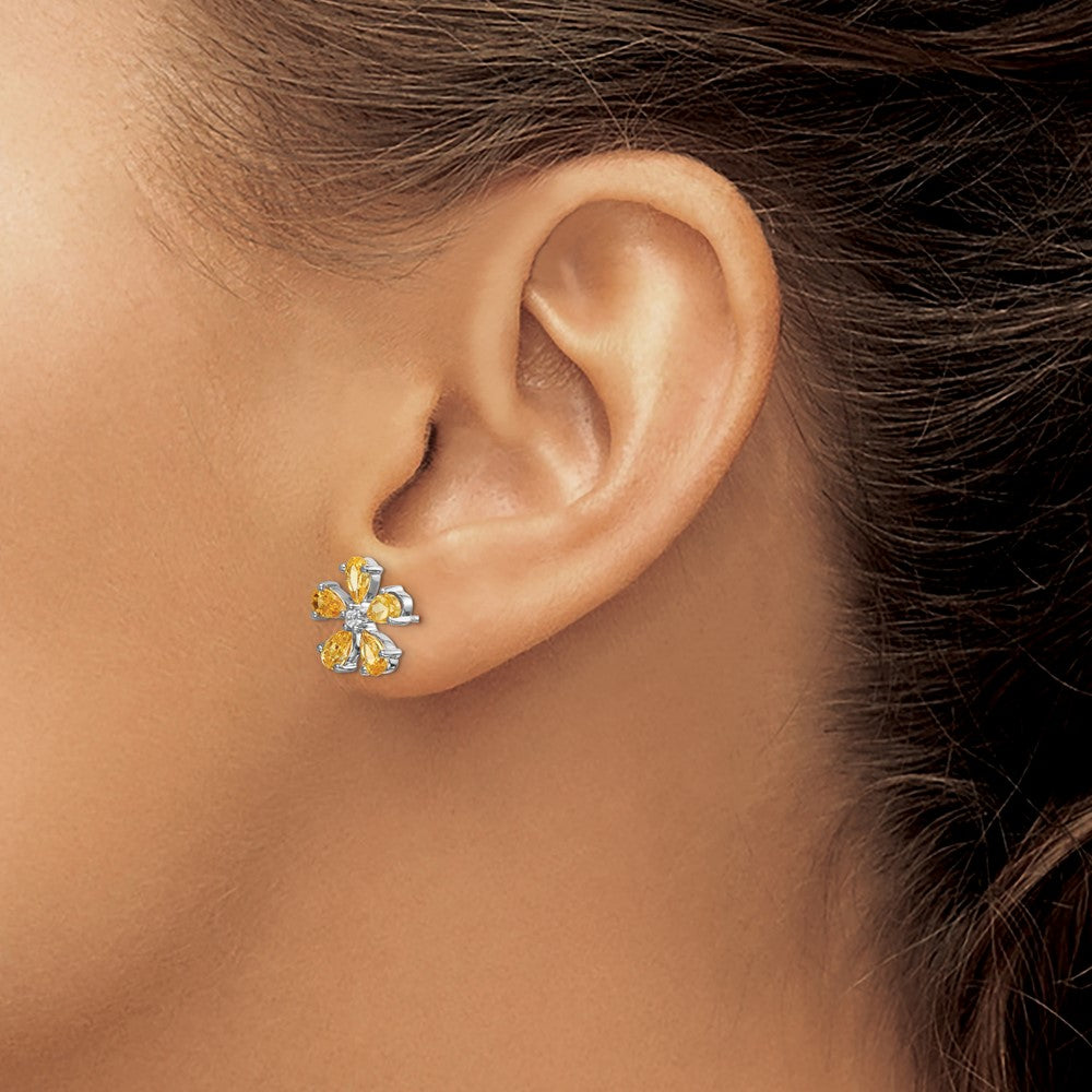 14K Weißgold Ohrringe mit echten Diamanten und Citrin-Blume