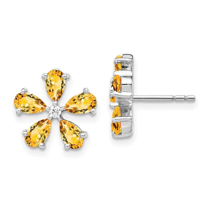14K Weißgold Ohrringe mit echten Diamanten und Citrin-Blume