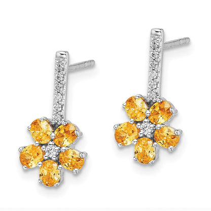 14K Weißgold Ohrringe mit echtem Diamant und Citrin-Blume