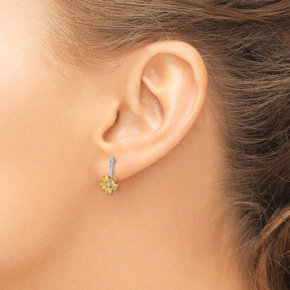 14K Weißgold Ohrringe mit echtem Diamant und Citrin-Blume