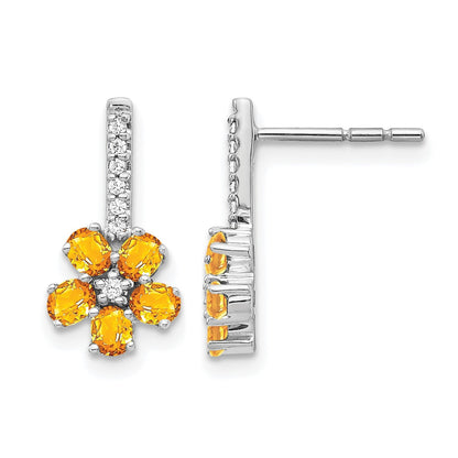 14K Weißgold Ohrringe mit echtem Diamant und Citrin-Blume