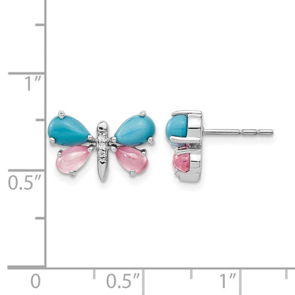 14K Weißgold Schmetterling-Ohrringe mit echten Diamanten, Türkisen und Rosenquarzen