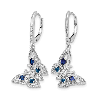 14K Weißgold Ohrhänger mit echten Diamanten/Saphiren, Schmetterling-Design, Leverback-Verschluss