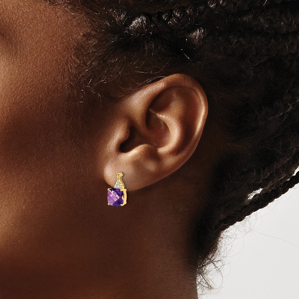 10K Gelbgold Schachbrett Amethyst und Diamant Ohrringe