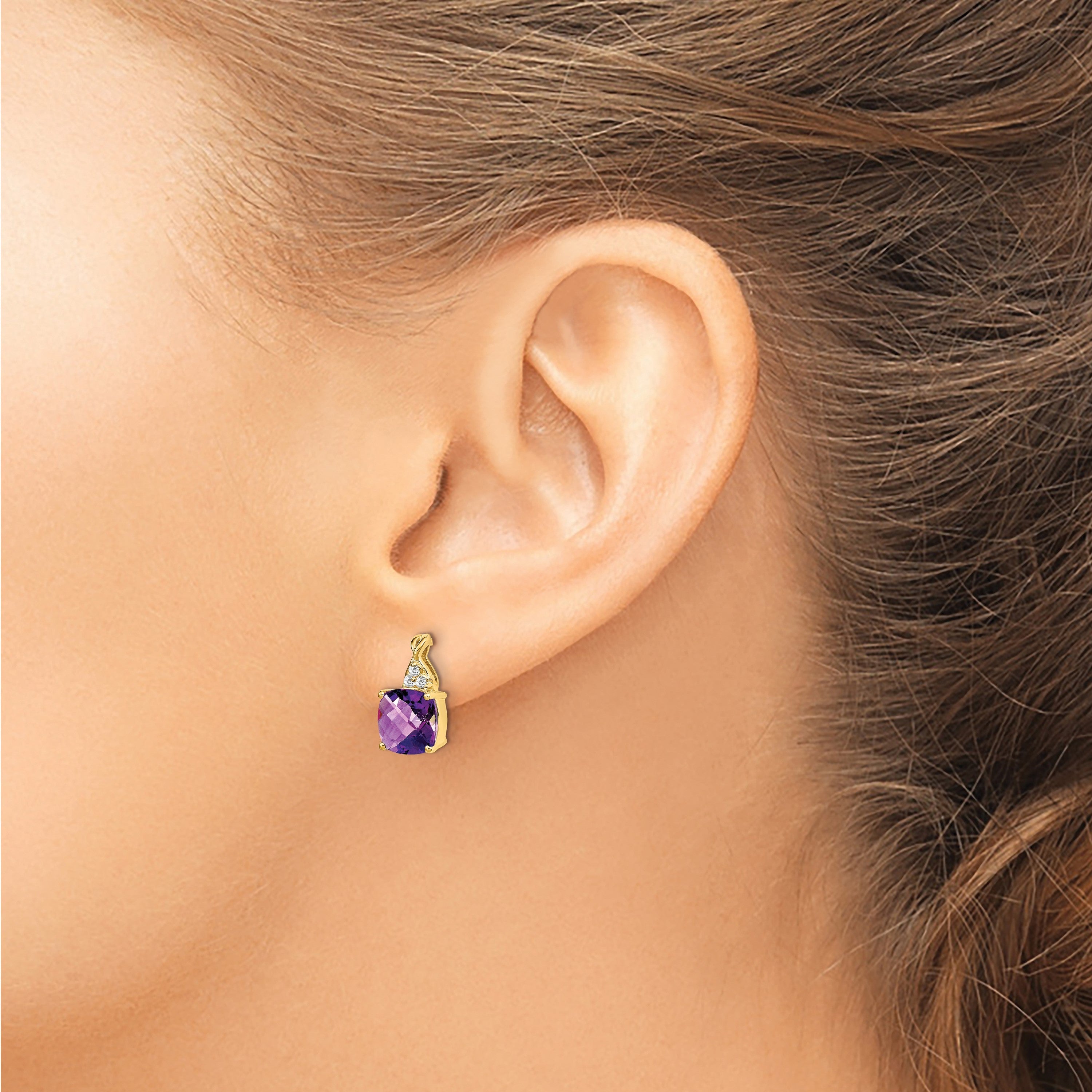 14K Gelbgold Ohrringe mit Amethyst im Schachbrettschliff und echten Diamanten