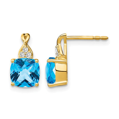 10K Gelbgold Schachbrett Blautopas und Diamant Ohrringe
