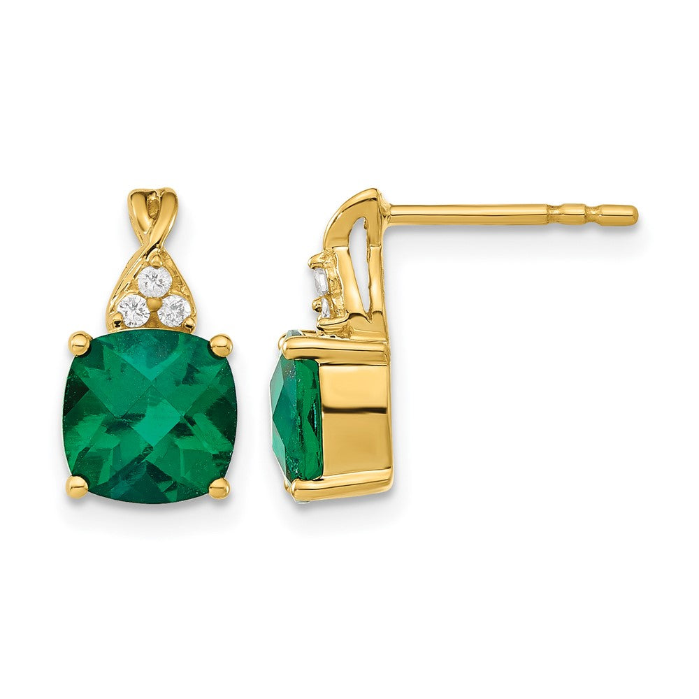 10K Gelbgold Schachbrett Erzeugt Smaragd und Diamant Ohrringe