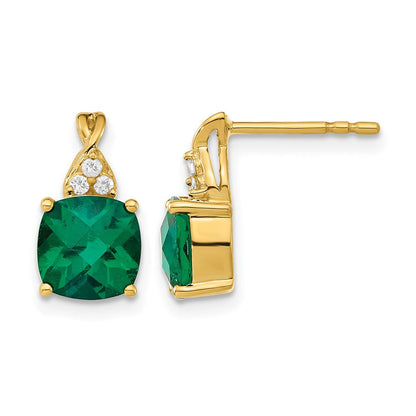 10K Gelbgold Schachbrett Erzeugt Smaragd und Diamant Ohrringe