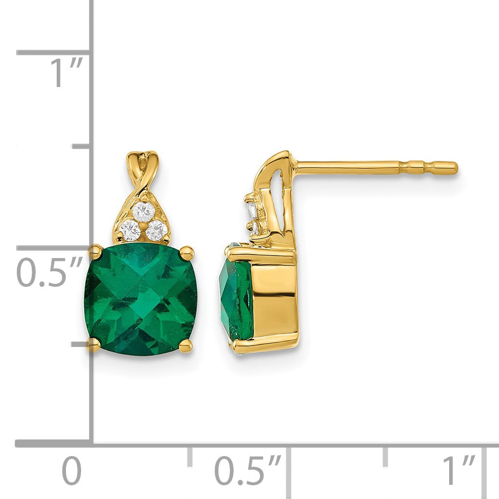14K Gelbgold-Ohrringe mit gezüchtetem Smaragd im Schachbrettschliff und echtem Diamant