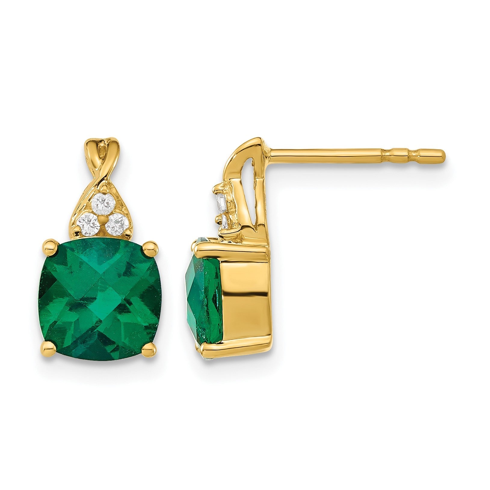 14K Gelbgold-Ohrringe mit gezüchtetem Smaragd im Schachbrettschliff und echtem Diamant