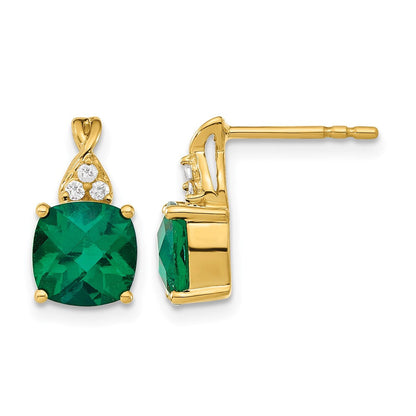 14K Gelbgold-Ohrringe mit gezüchtetem Smaragd im Schachbrettschliff und echtem Diamant