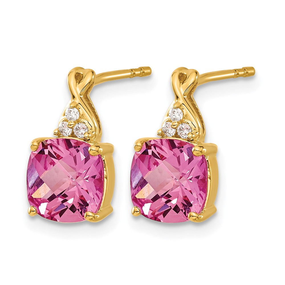 10K Gelbgold Schachbrett Erzeugt Rosa Saphir und Diamant Ohrringe
