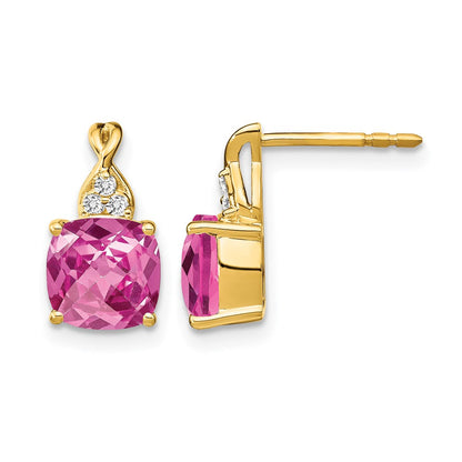 10K Gelbgold Schachbrett Erzeugt Rosa Saphir und Diamant Ohrringe