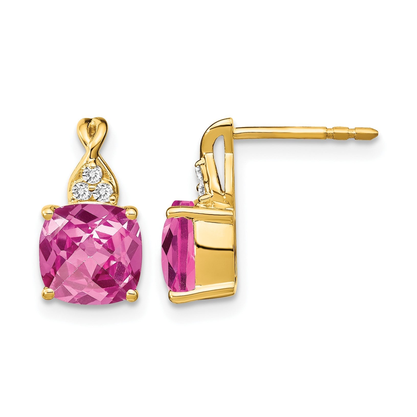 14K Gold Gelbgold Ohrringe mit Karomuster-Schliff, gezüchtetem pinkem Saphir und echten Diamanten