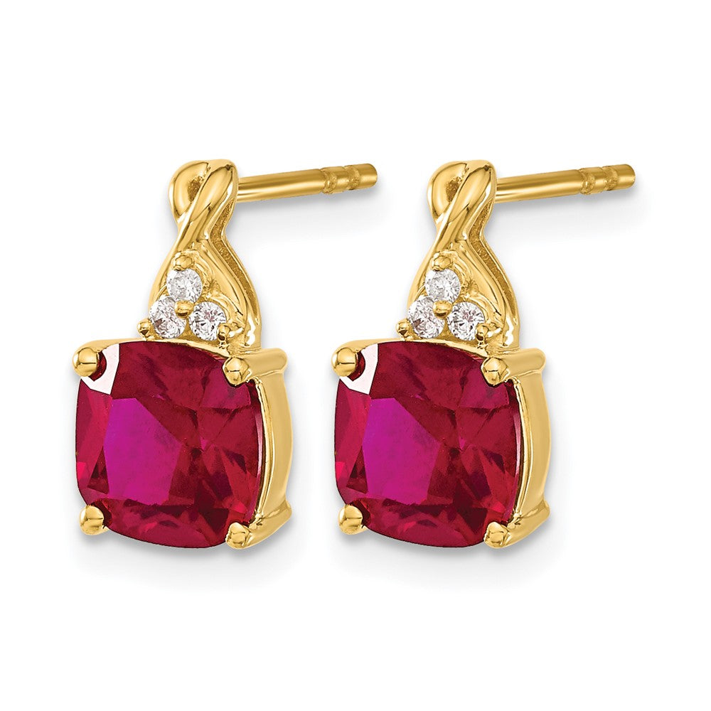 14K Gelbgold Ohrringe mit Schachbrettschliff-Rubin (synthetisch) und echten Diamanten