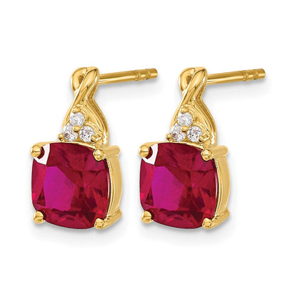 14K Gelbgold Ohrringe mit Schachbrettschliff-Rubin (synthetisch) und echten Diamanten