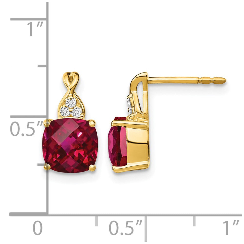 14K Gelbgold Ohrringe mit Schachbrettschliff-Rubin (synthetisch) und echten Diamanten