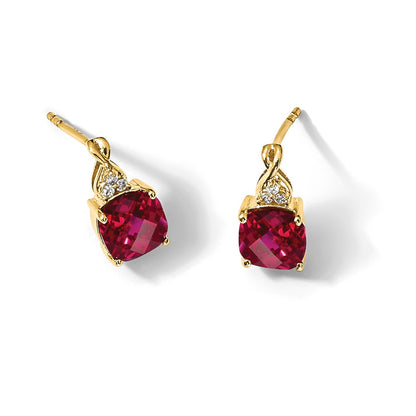 14K Gelbgold Ohrringe mit Schachbrettschliff-Rubin (synthetisch) und echten Diamanten