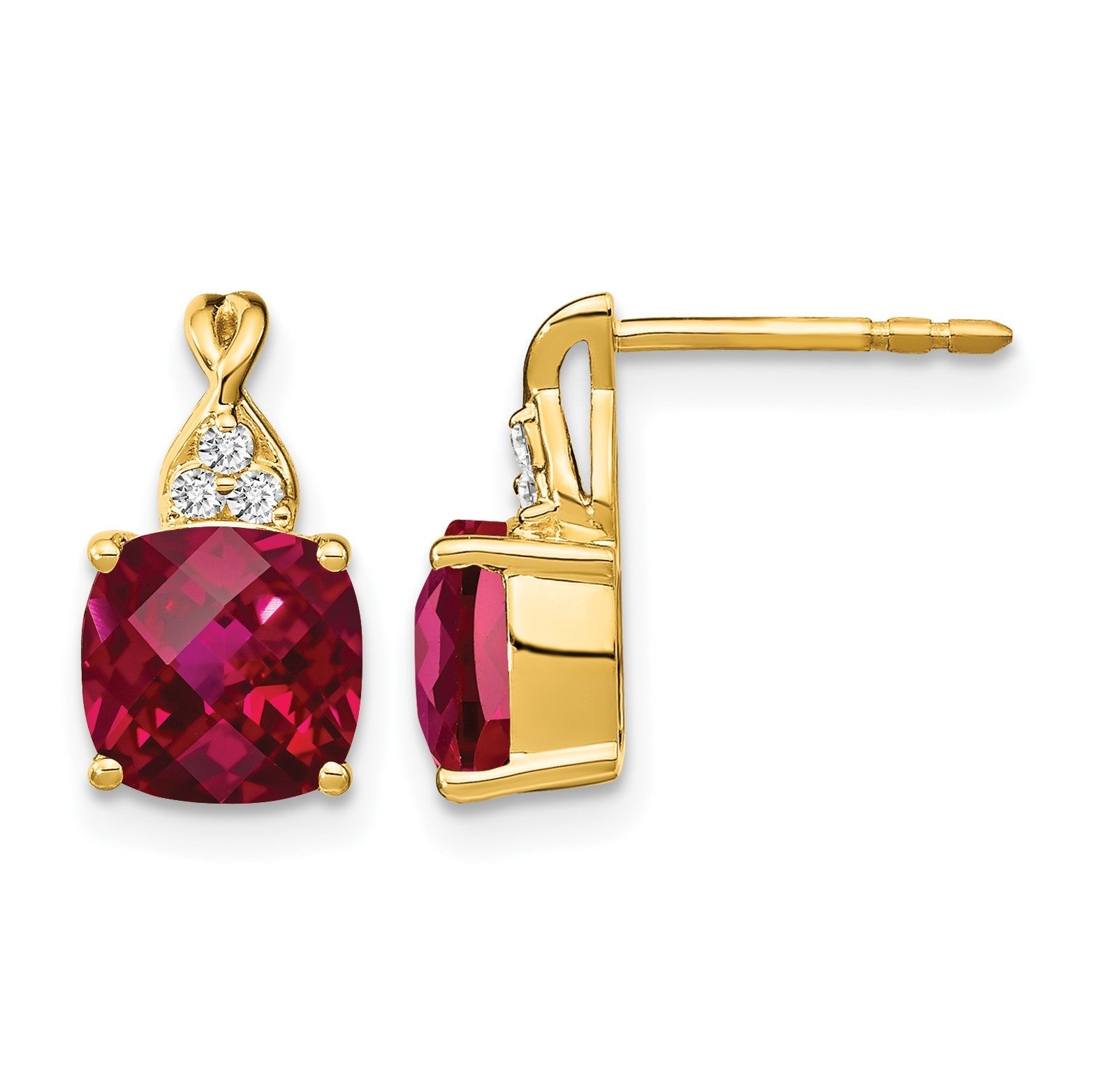 14K Gelbgold Ohrringe mit Schachbrettschliff-Rubin (synthetisch) und echten Diamanten