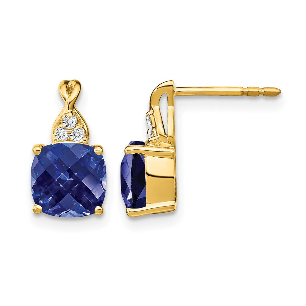 10K Gelbgold Schachbrett Erzeugt Saphir und Diamant Ohrringe