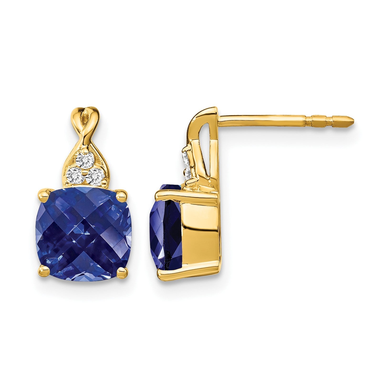 14K Gelbgold Ohrringe mit Schachbrettschliff-Zuchtsaphir und echten Diamanten
