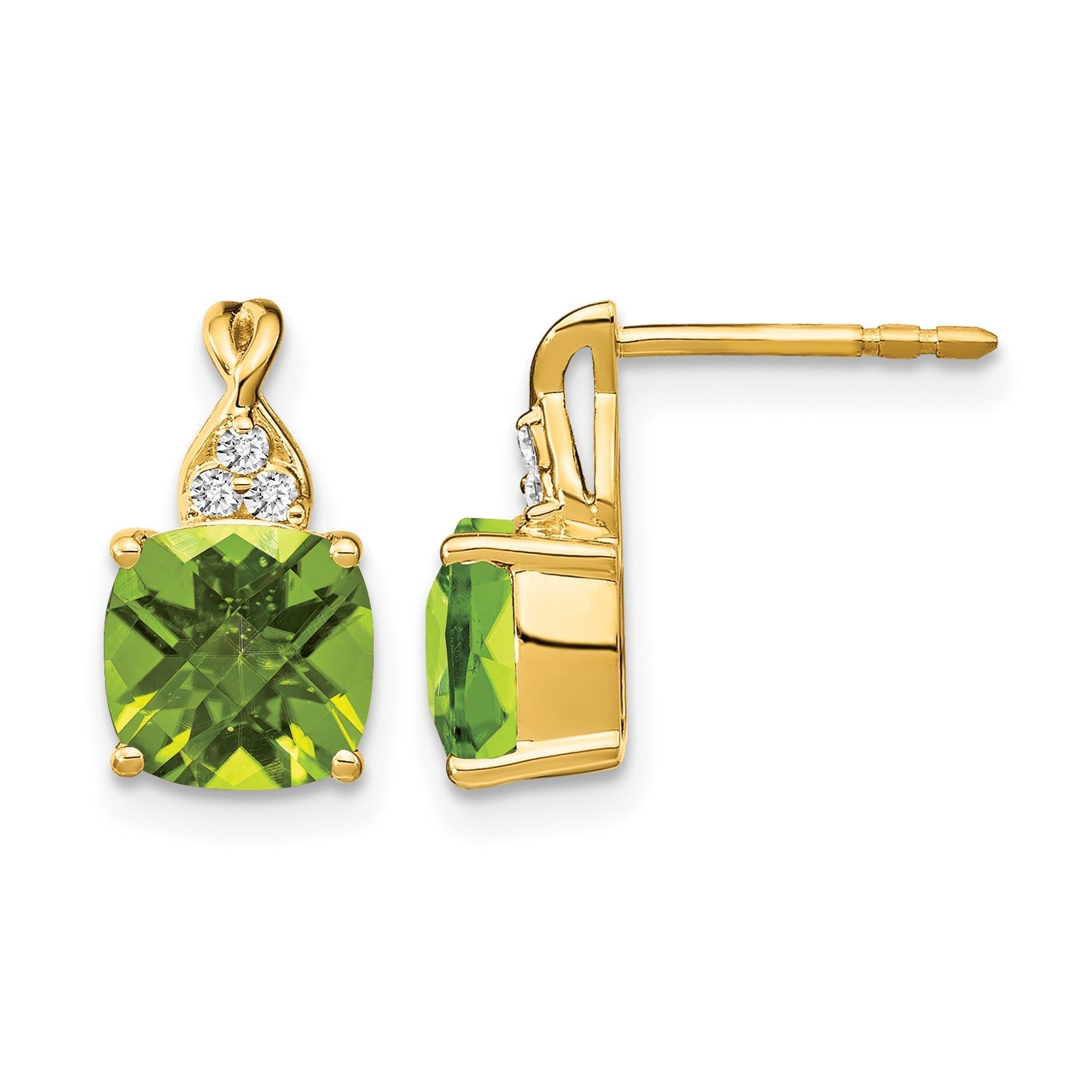 14K Gelbgold Ohrringe mit Schachbrettschliff-Peridot und echten Diamanten