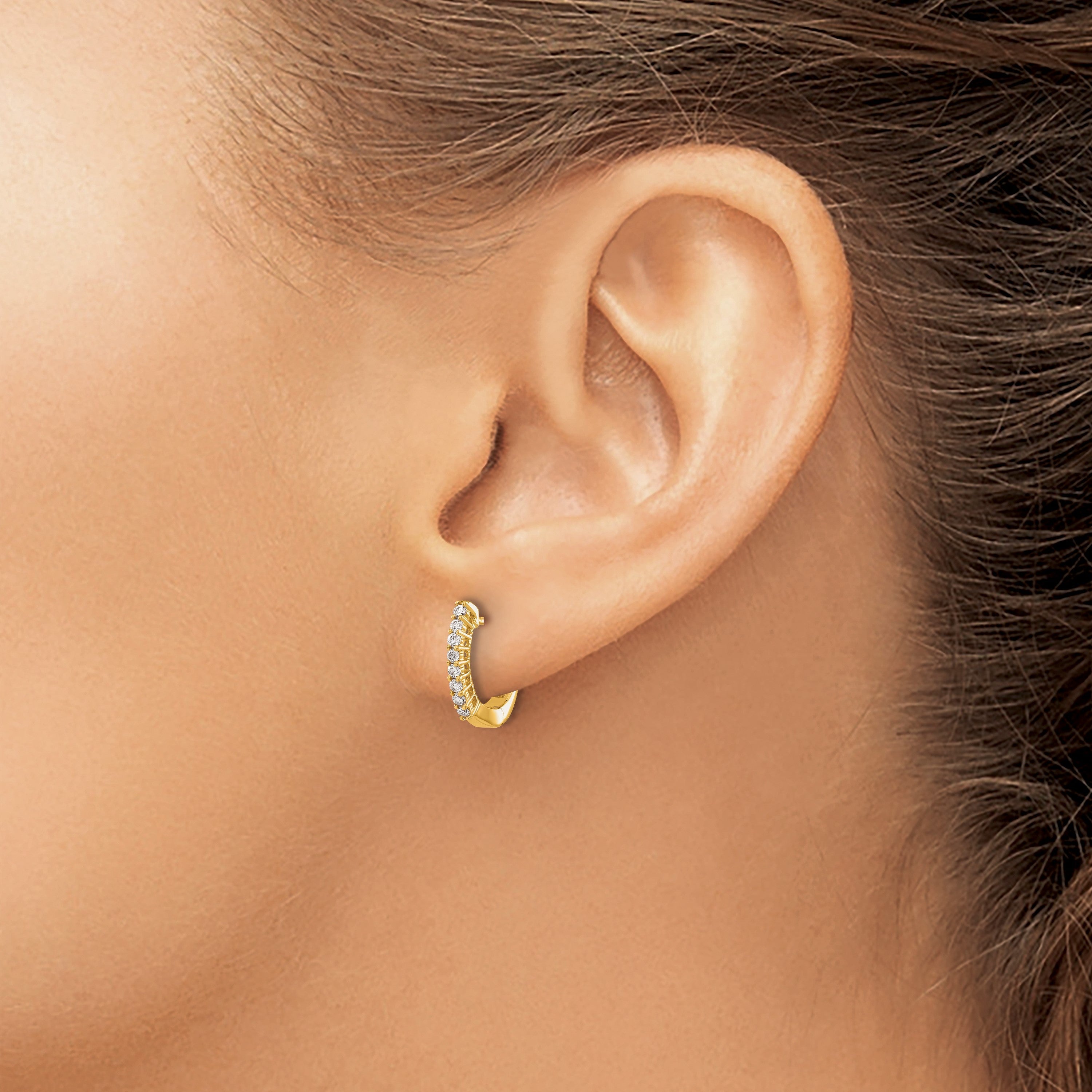 14K Gelbgold Polierte Echte Diamant-Creolen mit Scharnier