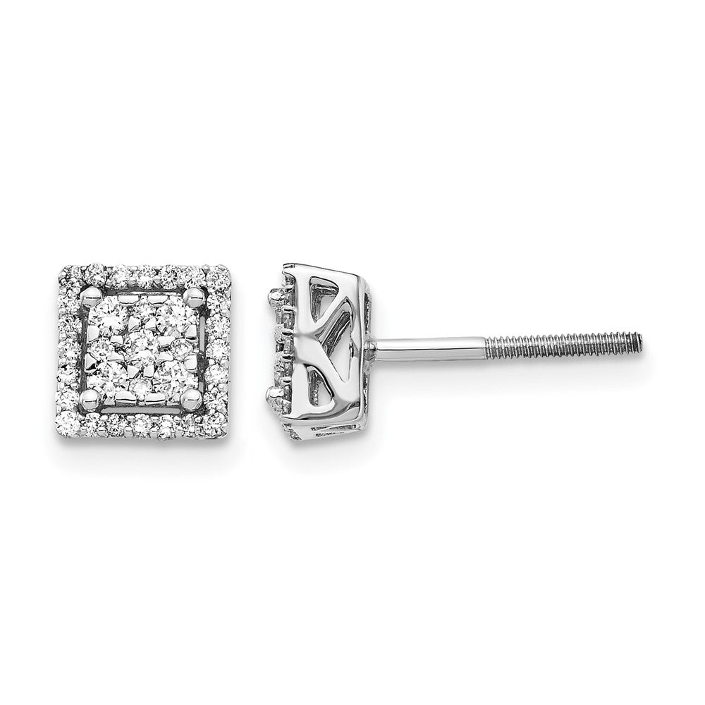 14K Weißgold Ohrstecker mit echten Diamanten, quadratisch, mit Schraubverschluss