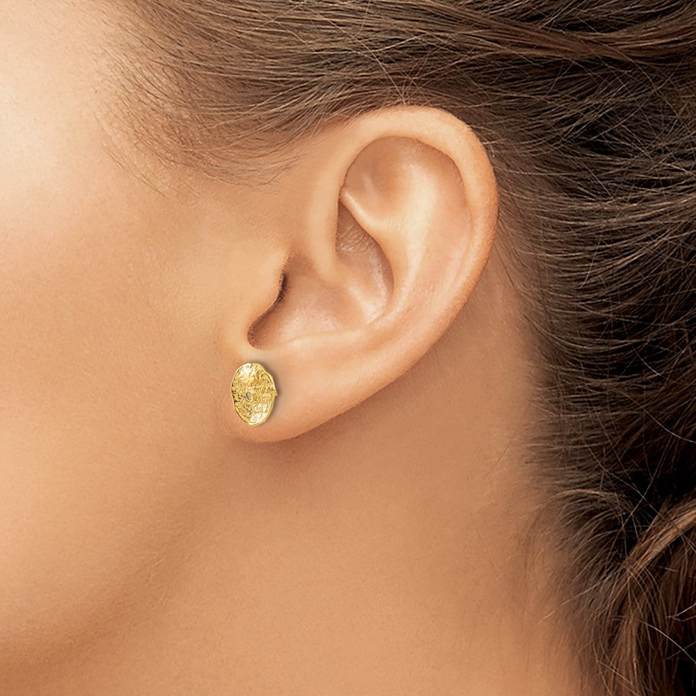 14K Gelbgold Ohrringe mit kleinem strukturiertem Kreis und echten Diamanten