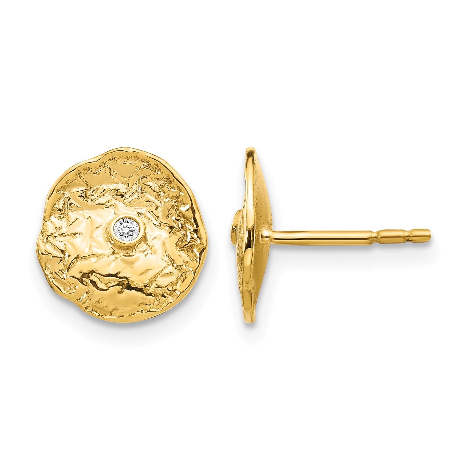 14K Gelbgold Ohrringe mit kleinem strukturiertem Kreis und echten Diamanten
