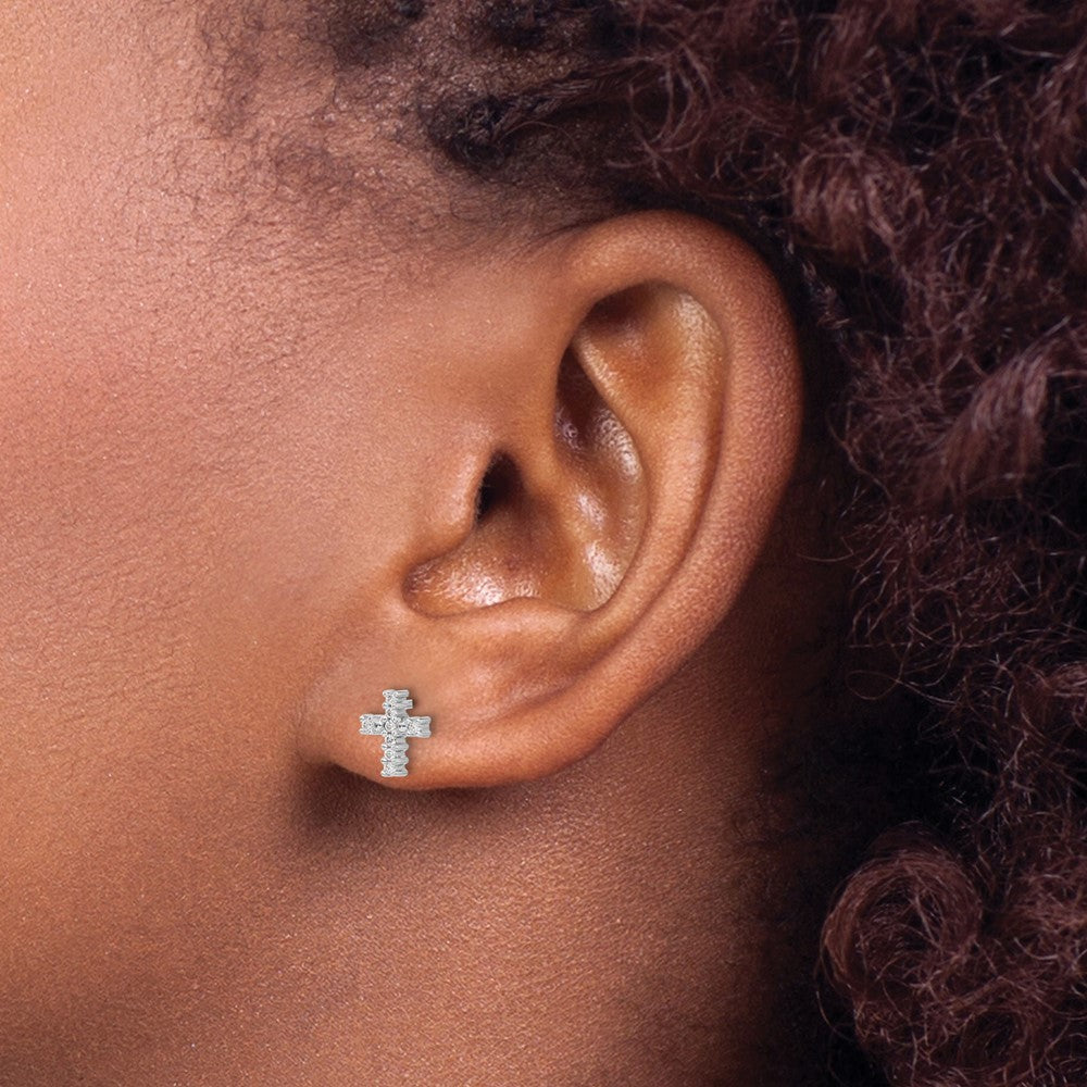 14K Weißgold Ohrstecker mit Kreuz, poliert, echte Diamanten