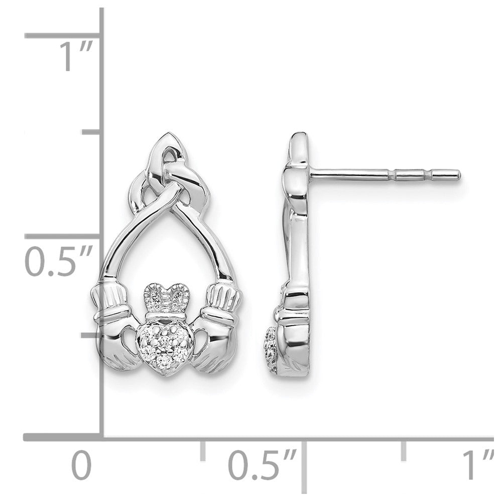 14K Weißgold Claddagh-Ohrstecker mit echten Diamanten