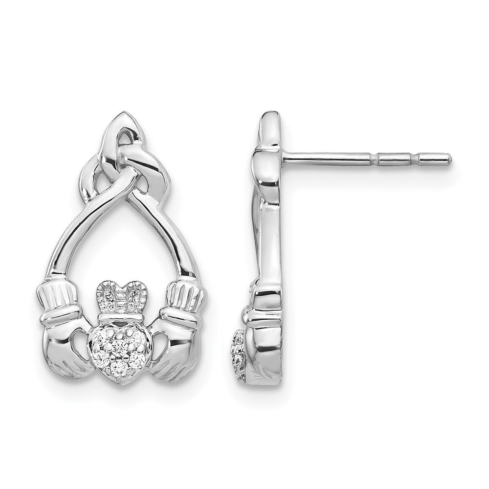 14K Weißgold Claddagh-Ohrstecker mit echten Diamanten