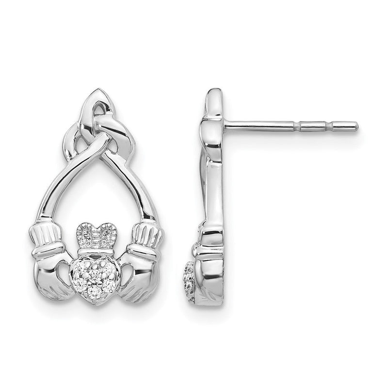 14K Weißgold Claddagh-Ohrstecker mit echten Diamanten