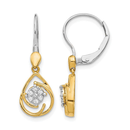 14K Gelbgold Zweifarbig Echte Diamant-Tropfen-Ohrhänger mit Leverback-Verschluss