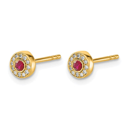 14K Gelbgold Ohrstecker mit echten Diamanten und Rubinen im Halo-Design