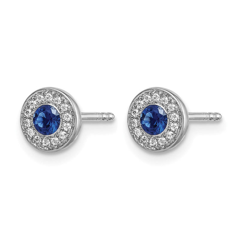 14K Weißgold Ohrstecker mit echten Diamanten und blauem Saphir, Halo-Fassung