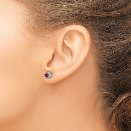 14K Weißgold Ohrstecker mit echten Diamanten und Rubin, Halo-Fassung