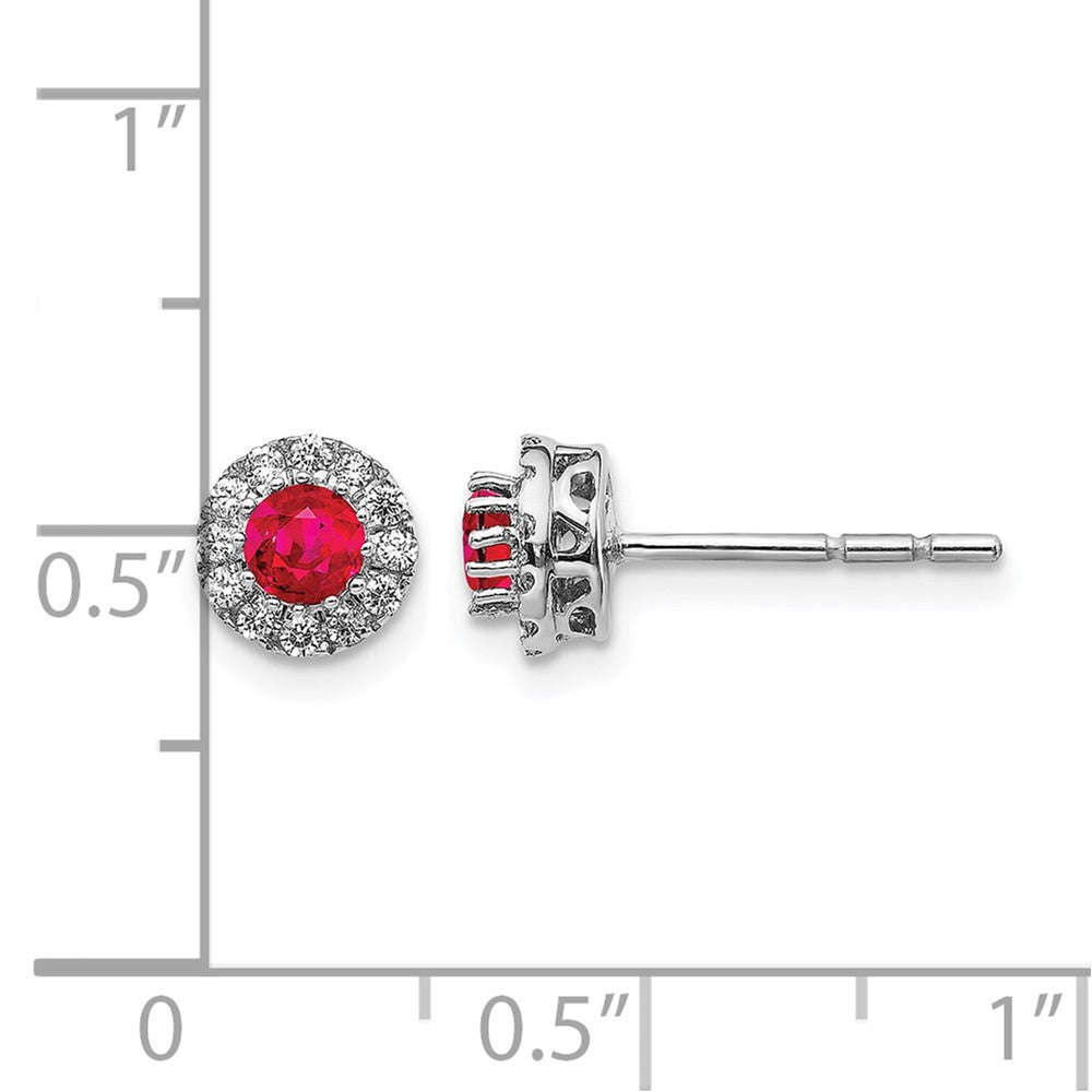 14K Weißgold Ohrstecker mit echten Diamanten und Rubin, Halo-Fassung