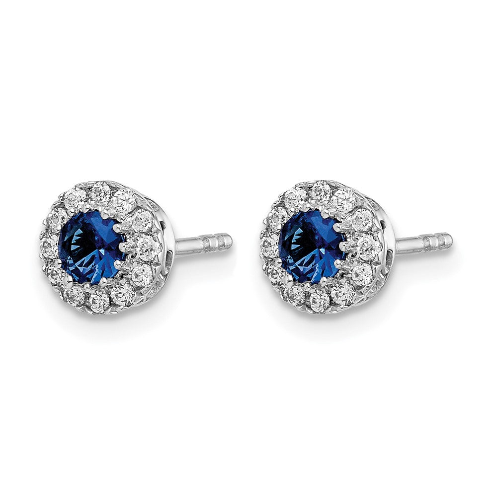 14K Weißgold Ohrstecker mit echten Diamanten und blauem Saphir, Halo-Fassung