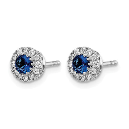 14K Weißgold Ohrstecker mit echten Diamanten und blauem Saphir, Halo-Fassung