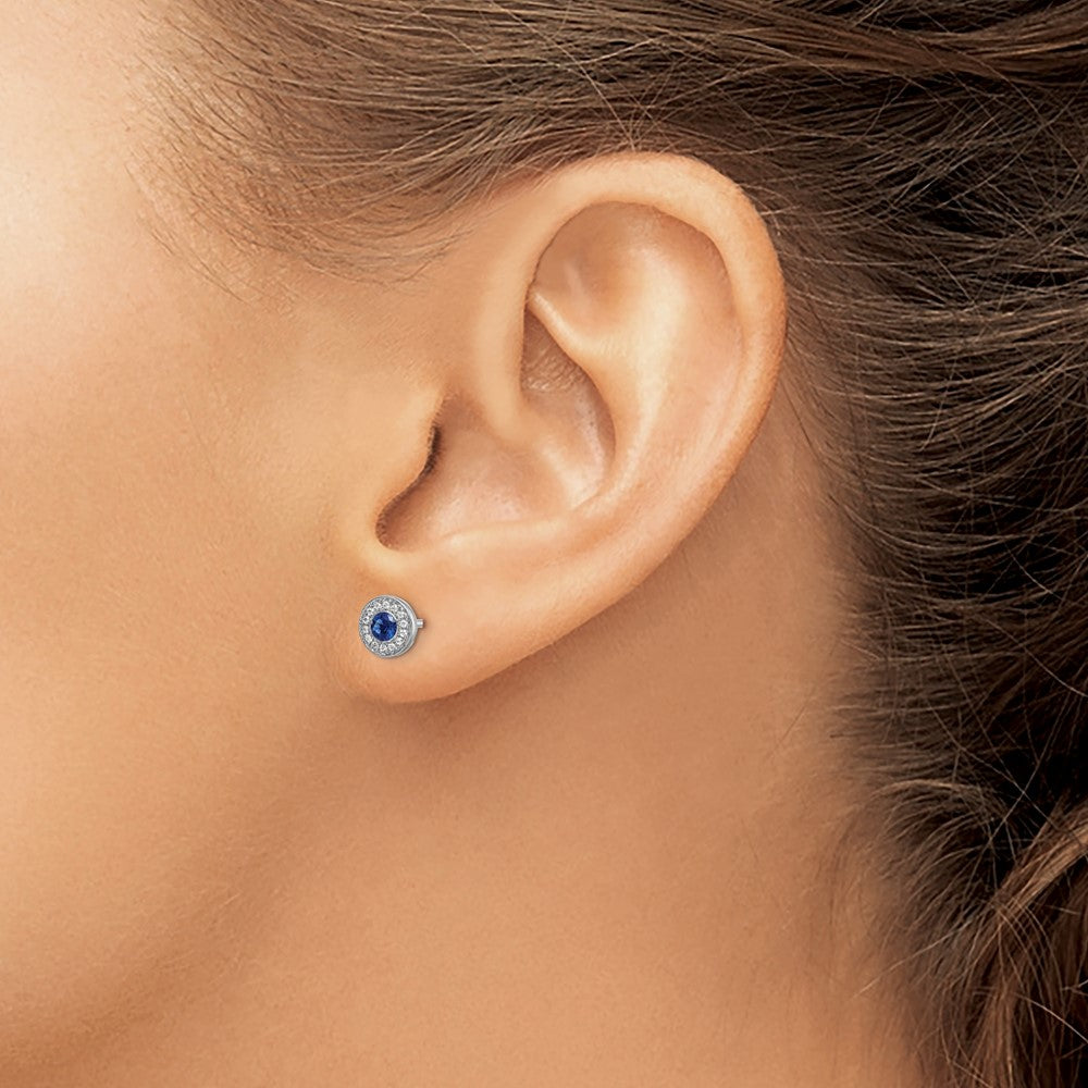14K Weißgold Ohrstecker mit echten Diamanten und blauem Saphir, Halo-Fassung