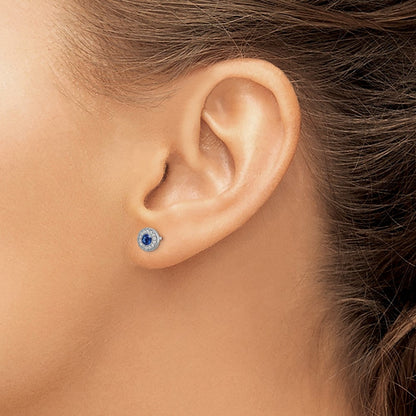 14K Weißgold Ohrstecker mit echten Diamanten und blauem Saphir, Halo-Fassung