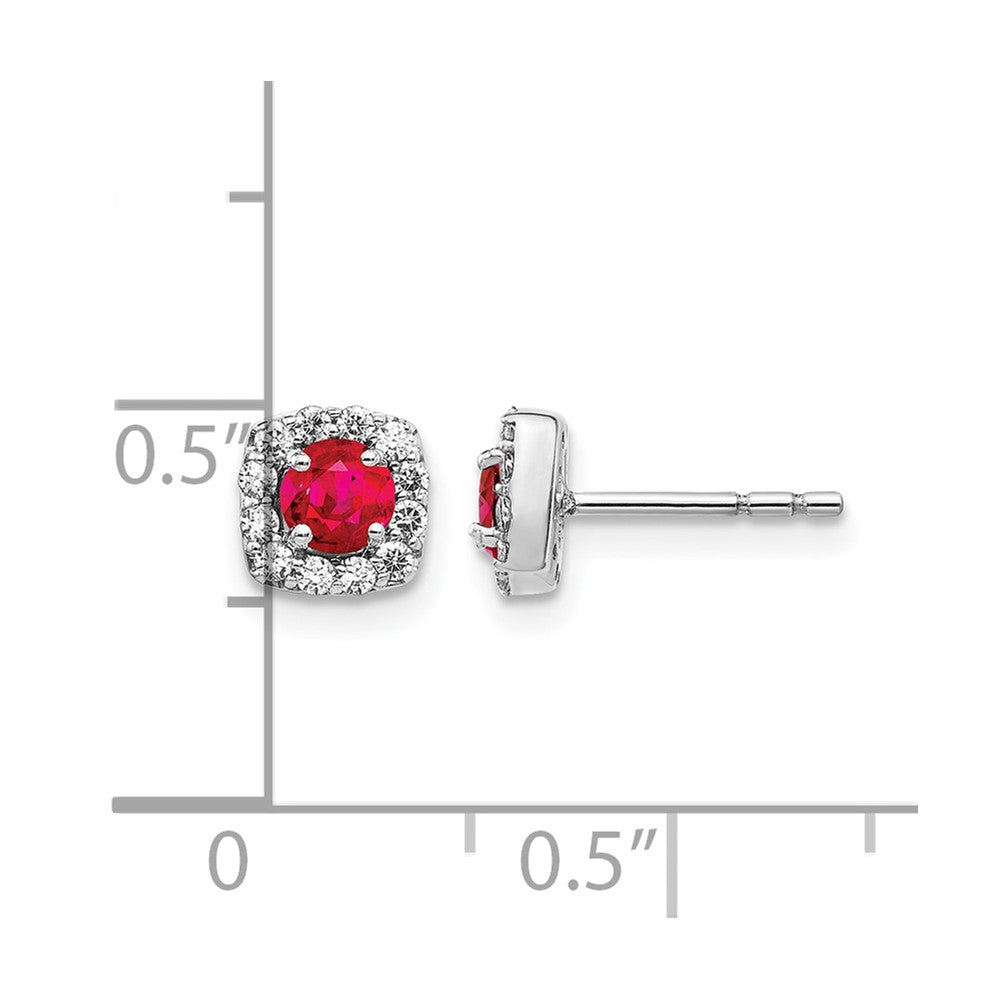 14K Weißgold Ohrringe mit echten Diamanten und Rubinen, quadratisch, mit Halo-Fassung