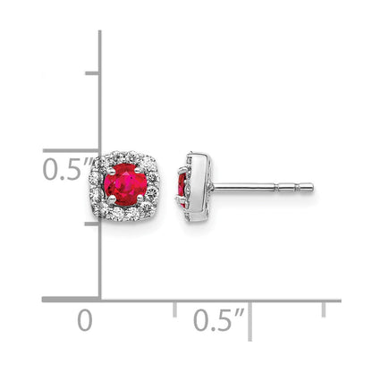 14K Weißgold Ohrringe mit echten Diamanten und Rubinen, quadratisch, mit Halo-Fassung