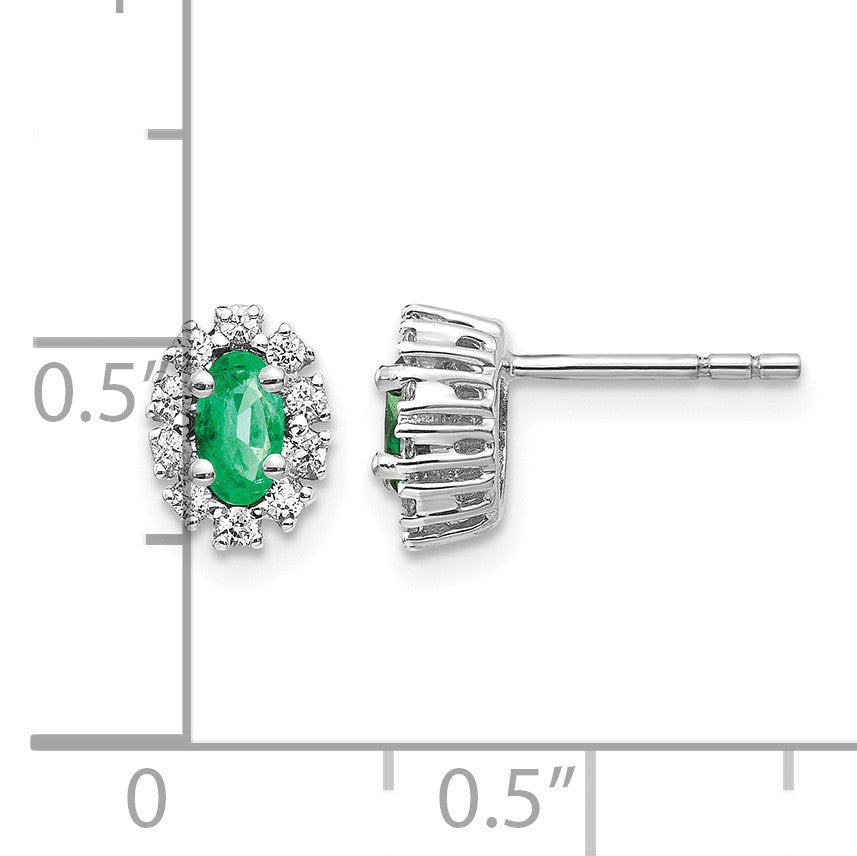 14K Weißgold Ohrringe mit 0,2 ct. echten Diamanten und Smaragden, oval, mit Halo-Fassung