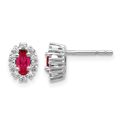 10K Weißgold Diamant und Rubin Oval Heiligenschein Ohrringe