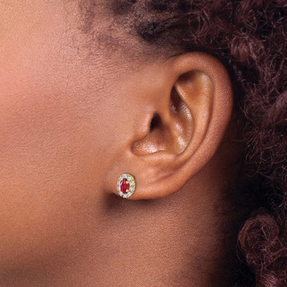 10K Gelbgold Diamant und Rubin Oval Heiligenschein Ohrringe