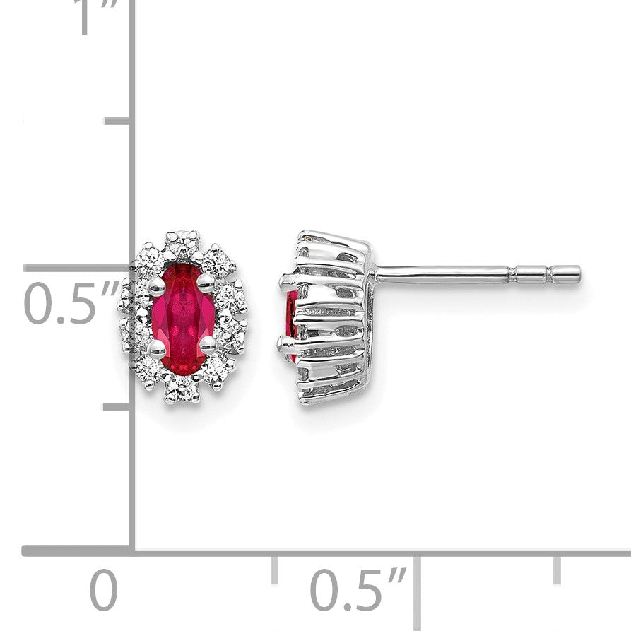 14K Weißgold Ohrringe mit echten Diamanten und Rubinen, oval, mit Halo-Fassung